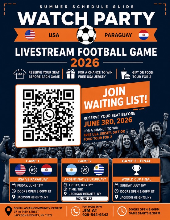 Chai Bhai 2026 watch party flyer for USA vs Paraguay and other livestream football games